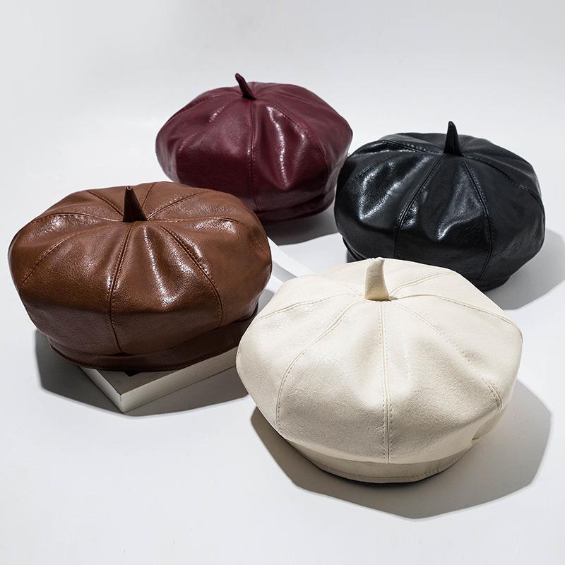 

Berets Fashion Vrouwen Pu Lederen Achthoekige Caps Krantenjongenspet Vintage Motorkap Baret Stijl Retro Hoed CowboyBerets, White