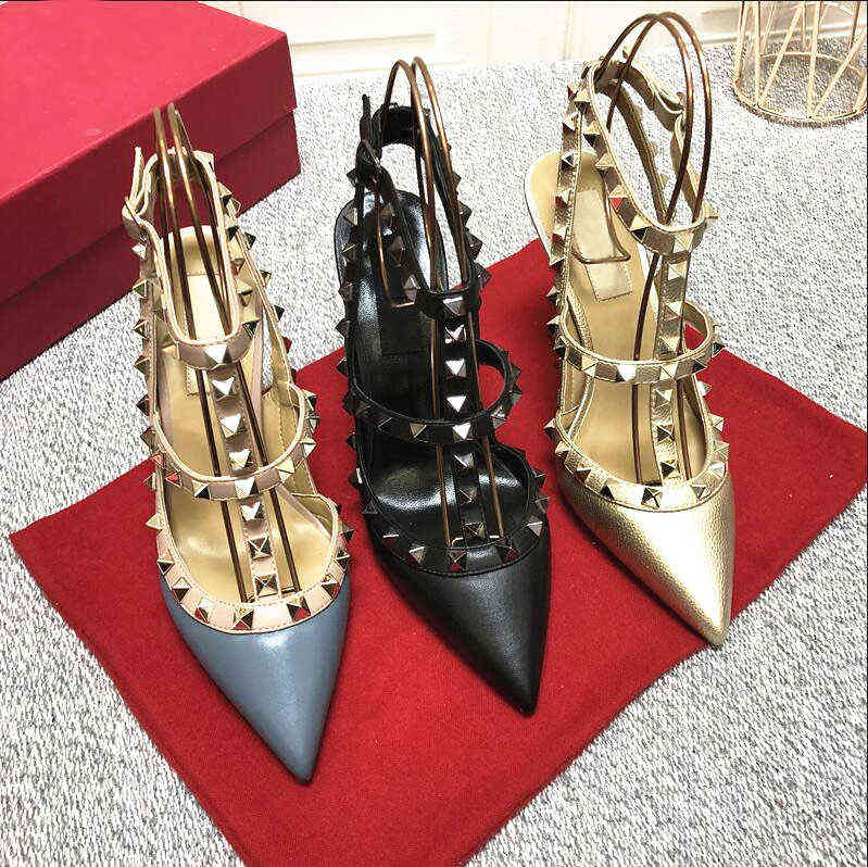 

2022 Designer Design Women Sandals Pointed Toe High Heel Shoes V Brand 10cm Thin Heels Red Wedding Shoe 34-44 No Box T220730, Gray shiny