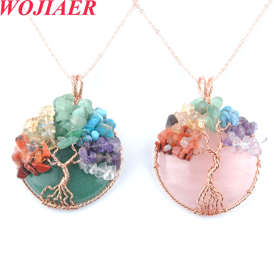 Round Natural Cabochon Stone Tree of Life Pendant Rose Gold Wire Wrap 7 Chakra Chip Bead Women's Necklace BO902-image-788372704