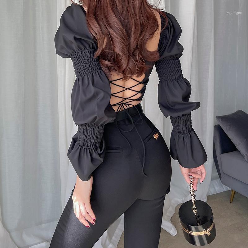 

Women' Blouses & Shirts 2022 Summer Fashion French Style Elegant Sexy V Neck Puff Sleeve Top Skinny Slim Backless Bandage Blouse Women Stre, Black