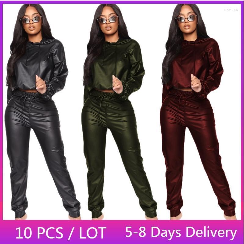 

Women' Two Piece Pants Wholesale Items PU Leather Set Women Hoodie Crop Top High Waist Pencil Sporty Winter Clothes Tracksuit, Black