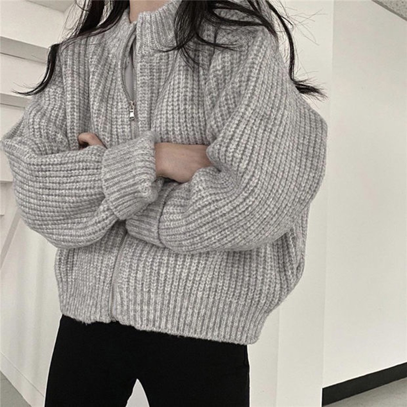 

Sweaters Women Solid O Neck Puff Long Sleeve Zipper Cardigan Cropped All-match Grey Knitted Coat Loose Outwear Top Pull Femme, Apricot