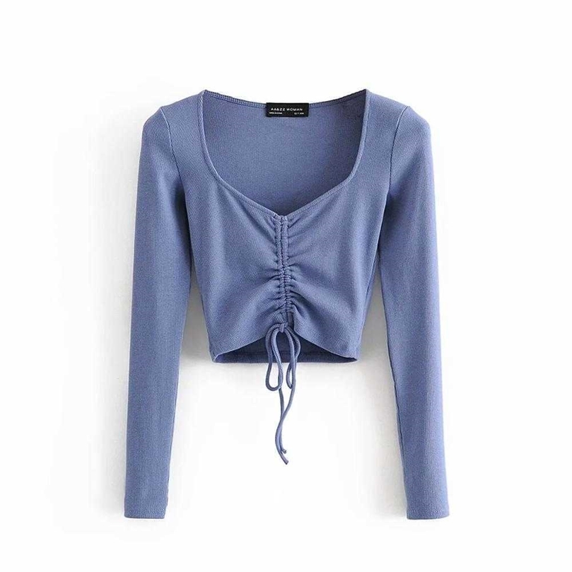 

Women Crop Top Ribbed Gathered Long Sleeves V-neck Short T- shirt Casual Sexy Fashion Female t-shirts 210709, White