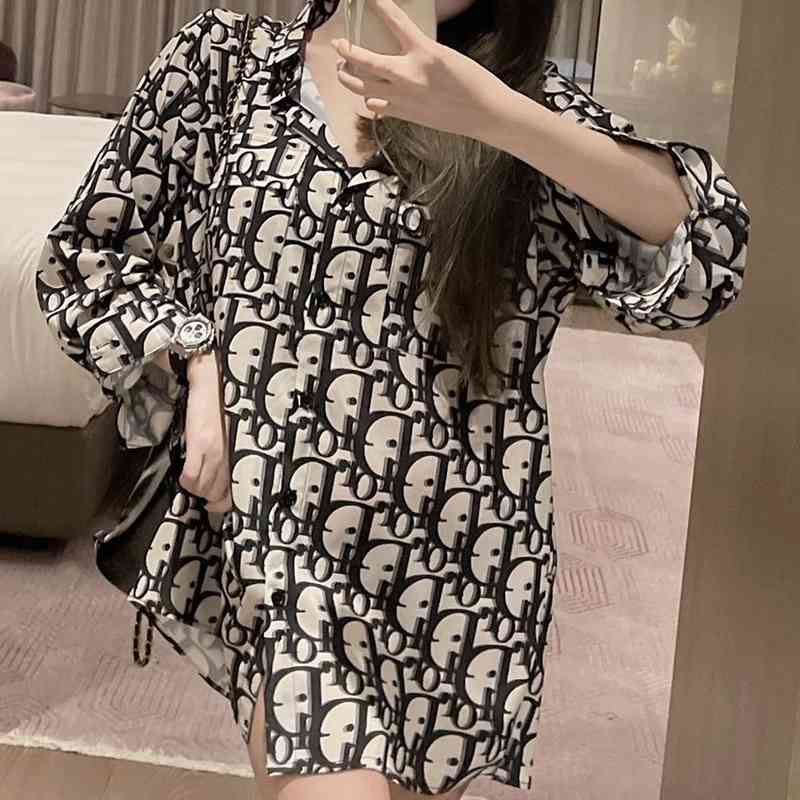 

summer new all letter printing Europe station medium long sleeved chiffon shirt sunscreen clothes for women, Black