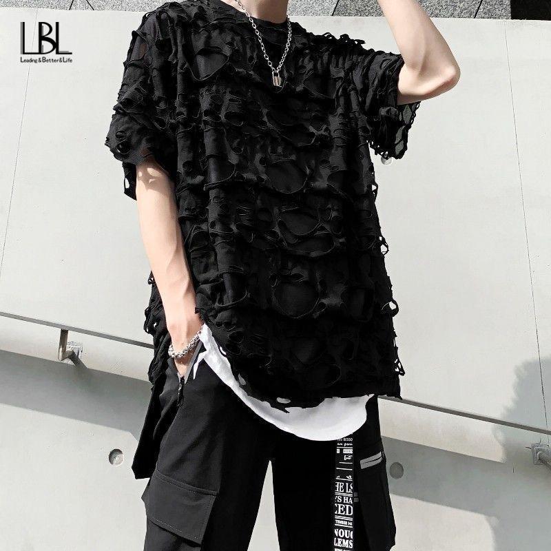 

Men's T-Shirts Hip Hop Hole T-shirt Men Loose Fashion Breathable Black Trend Half Sleeve Performance Street Style Casual ClothingMen's Imon2, Pc6black