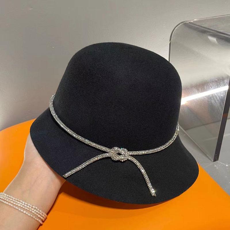

Berets Fashion Wool Fedora Elegant Rhinestone Bowknot Fisherman Bucket Hat Wide Brim Basin For Women Casual Winter Cape Black