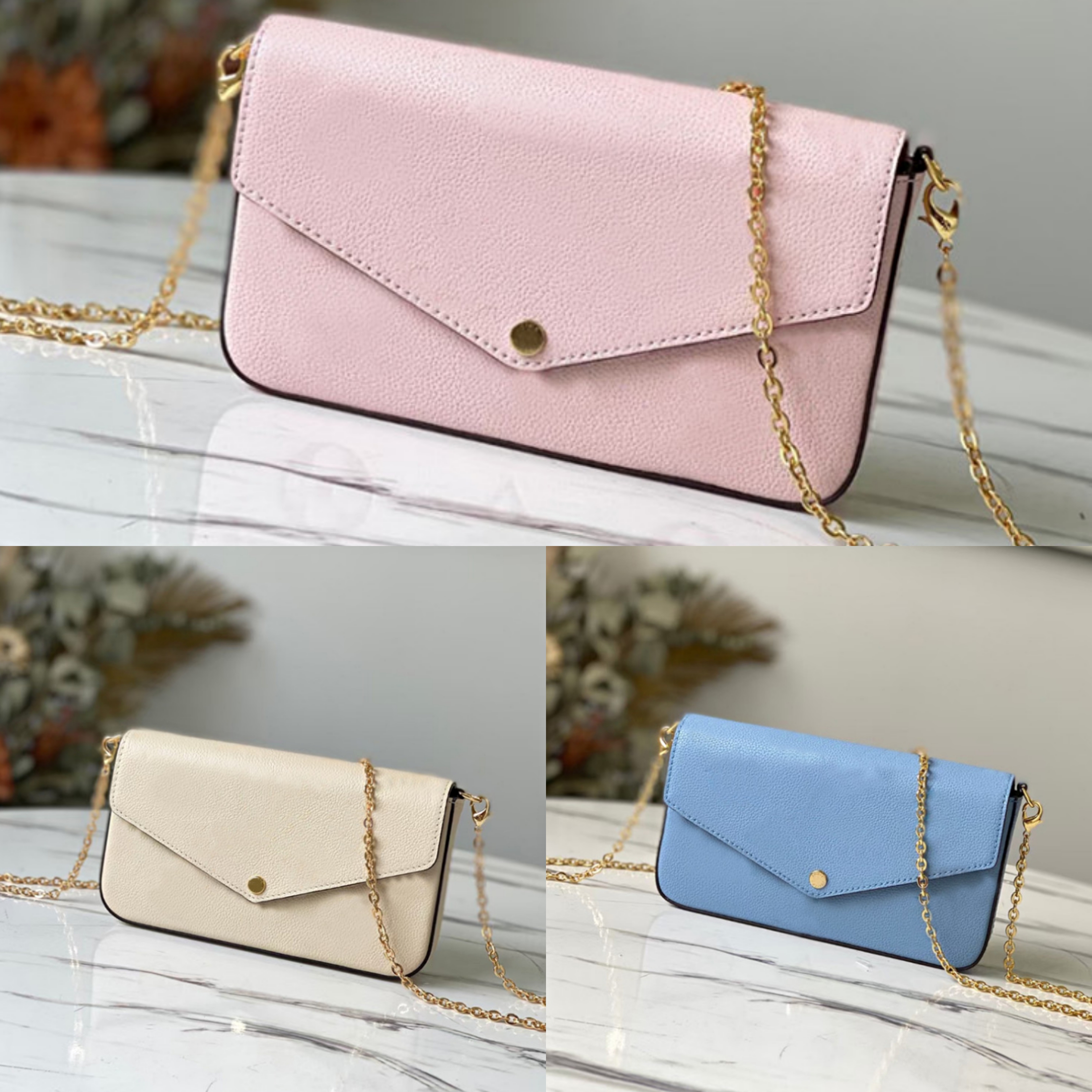 

2021 three-in-one wallet luxury embossed designer wallet fashion female cardholder chain bag change carry case, Pink