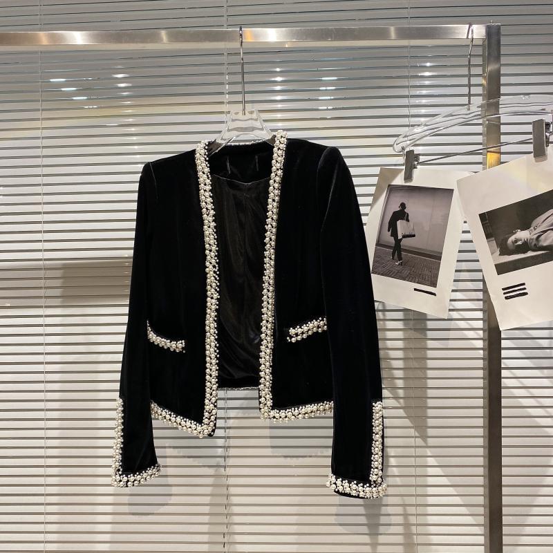 

Women' Jackets STREET Est 2022 Stylish Designer Jacket Women' Pearls Beaded Velvet JacketWomen, Black