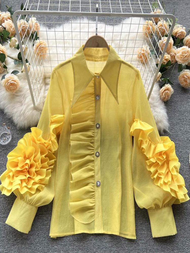 

Women's Blouses & Shirts QUALITY Est Fashion Summer 2022 Shirt Tops Women's Elegant Solid Single Breasted Flowers Appliques Ruffle Chiff, Green