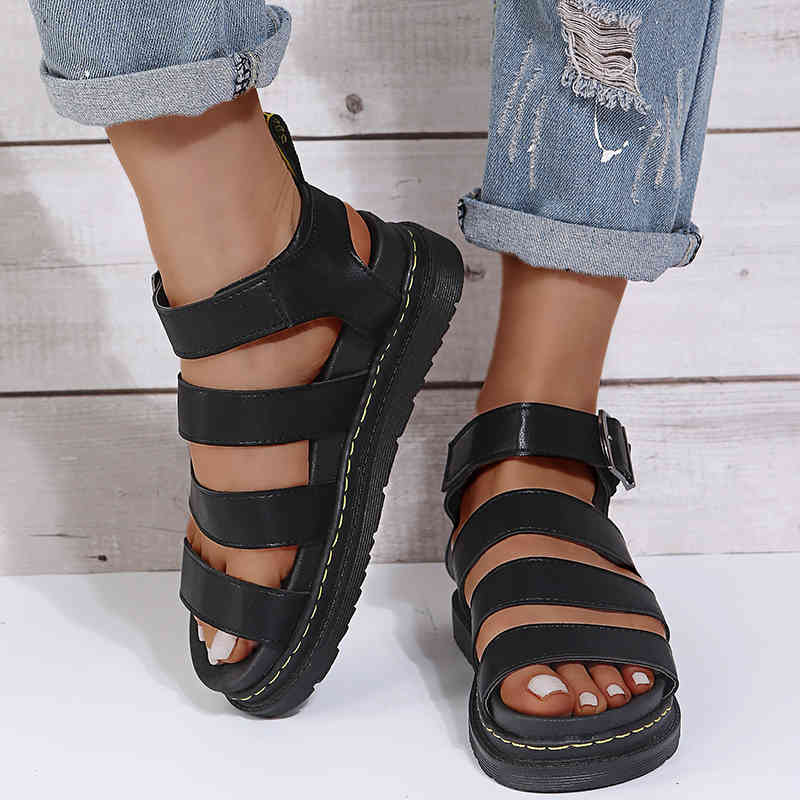 

2022 Summer Martens Sho Woman Flats Platform Sandals Women Soft Leather Random Open Toe Thick Bottom We Women Sho, Black