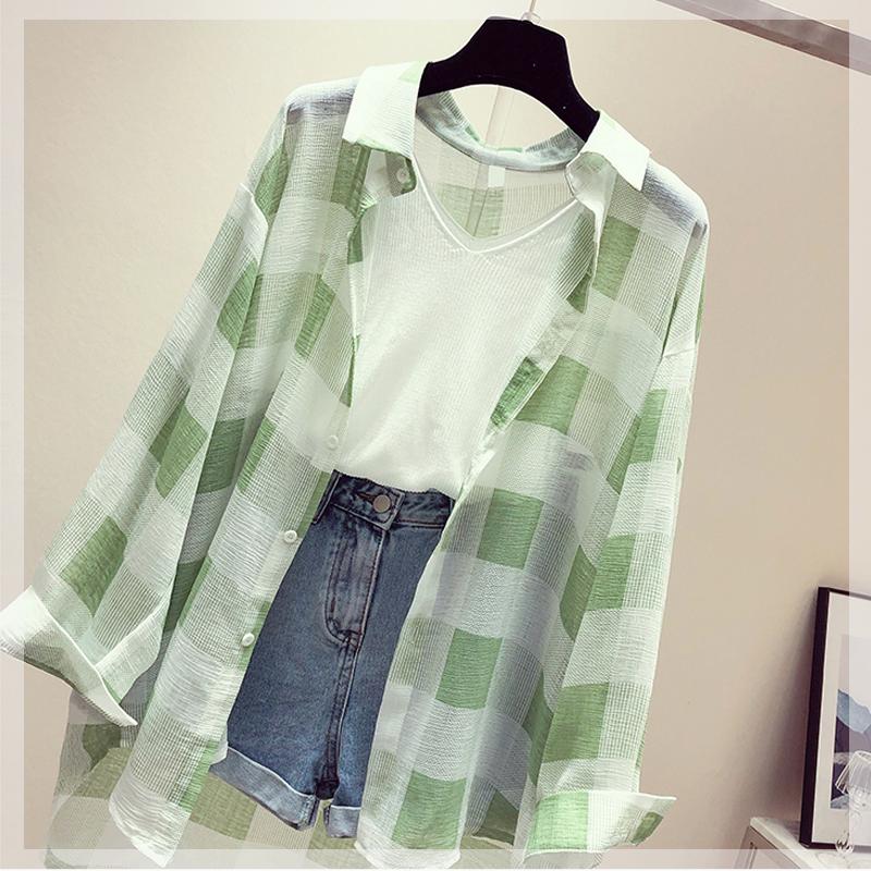 

Women' Blouses & Shirts Thin Plaid Women 2022 Summer Loose Long-sleeved Chiffon Female Outwear Coat TopsWomen, See chart