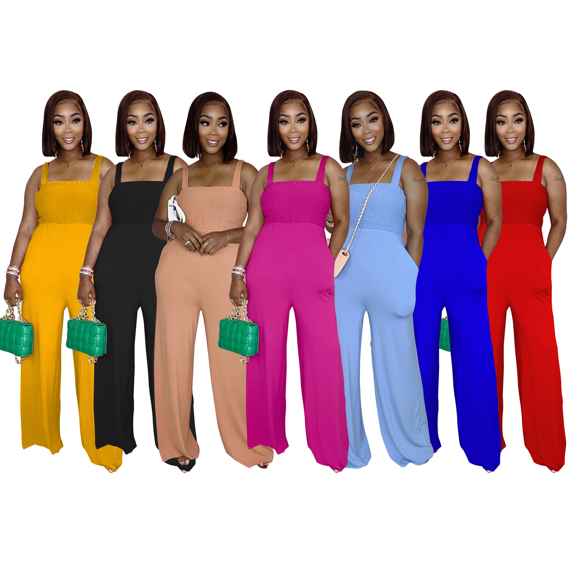 

Womens Long Pants Jumpsuit Casual Sleeveless Bandeau Pocket Summer Rompers, Yellow