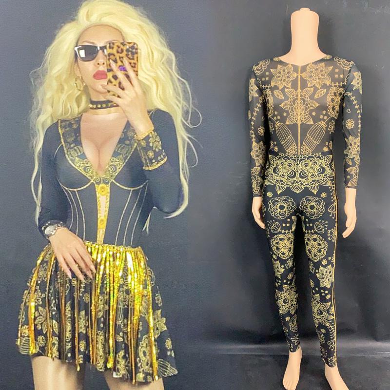 

Stage Wear Gold Sequins Fringe Rivets Spandex Short Dress Men Black Printed Jumpsuit Bar Singer Prom Women Dancer Rave Outfit DT2964Stage