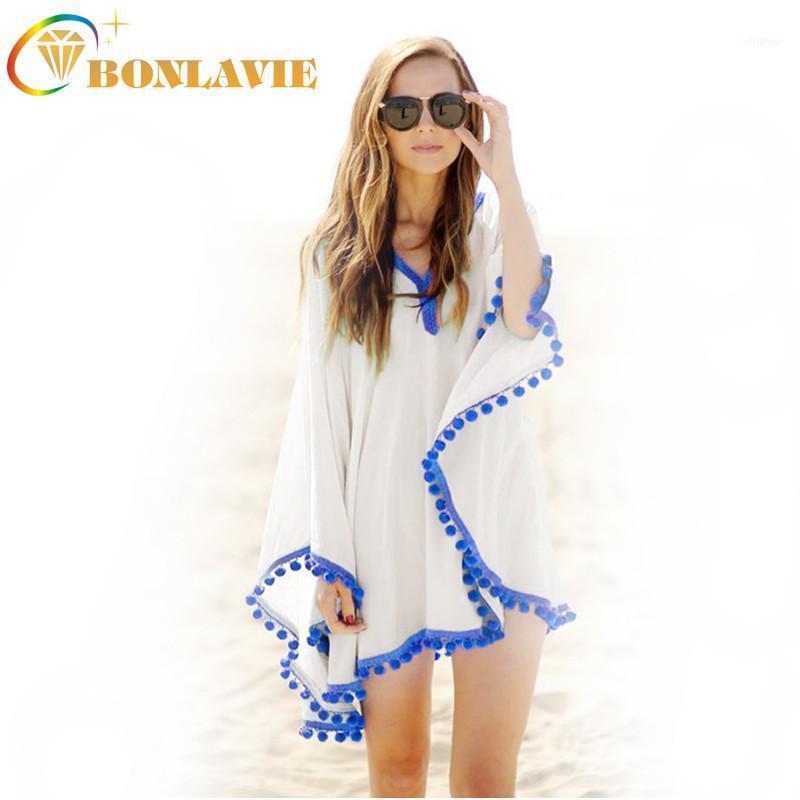 

Women Clothing  Cloak Bikini With Cotton Ball Decoration On Edge Seaside Chiffon Shirt V-Neck Butterfly Full Sleeve, White