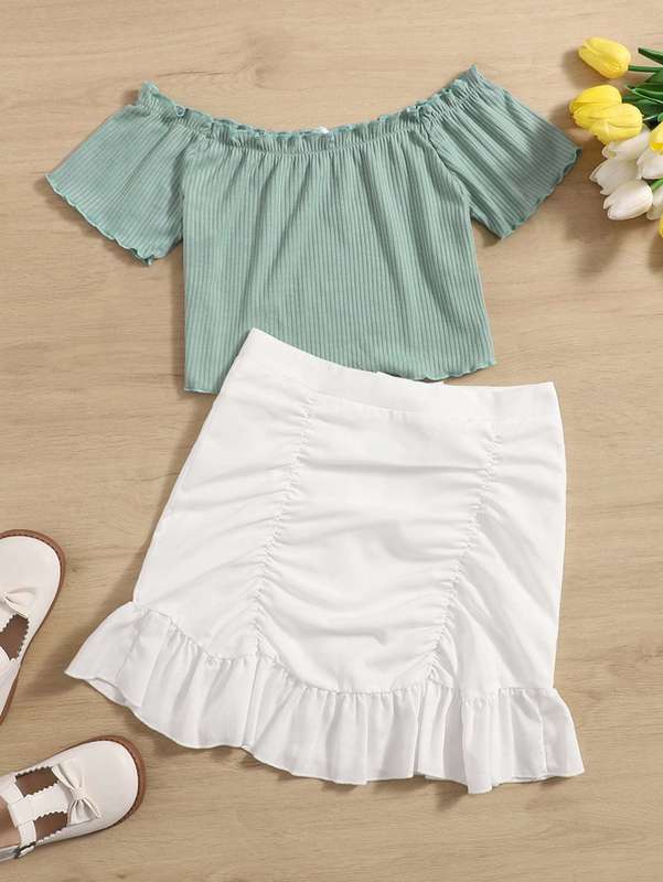 

Girls Off Shoulder Lettuce Trim Tee & Ruched Ruffle Hem Skirt SHE, Multicolor