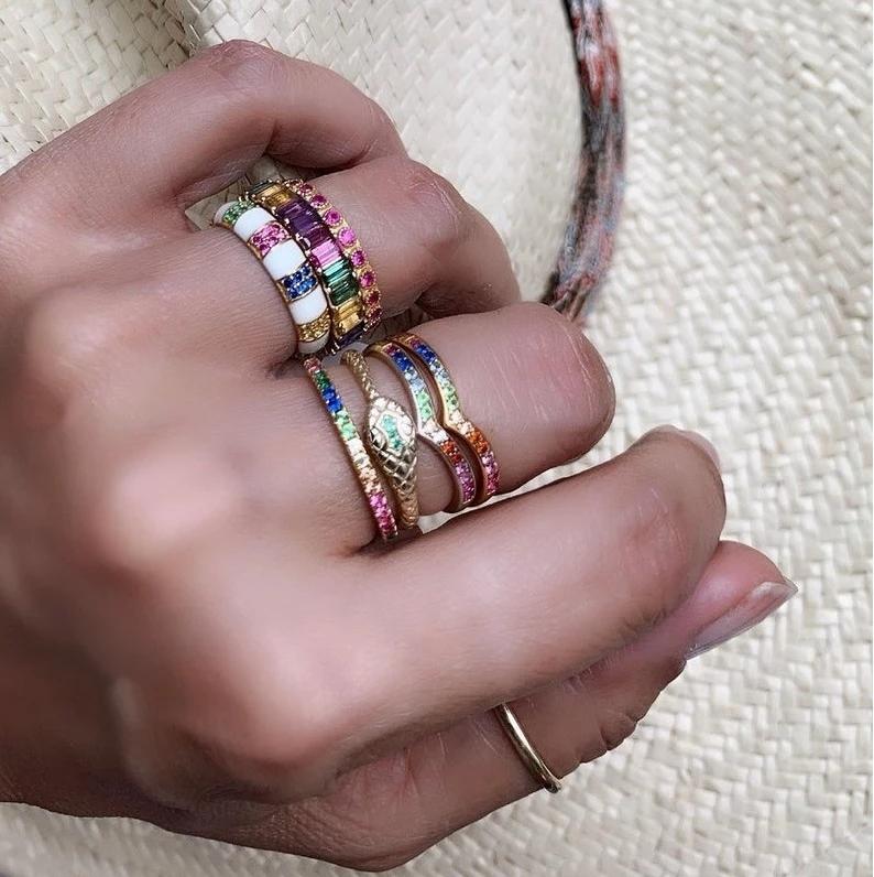 

Cluster Rings Fashion Rainbow Colorful Cz Paved Pastel Enamel Bambo Eternity Band For Women Girls Gifts Lucky Party JewelryCluster