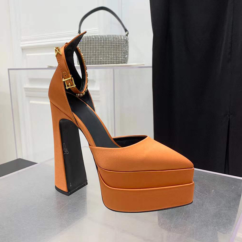 

Light Tan platform Thick soled Juno Crystal-Embellished shoes satin Pointed toe platform Pumps high Heels sandals women's Luxury Designers Evening Dress shoe