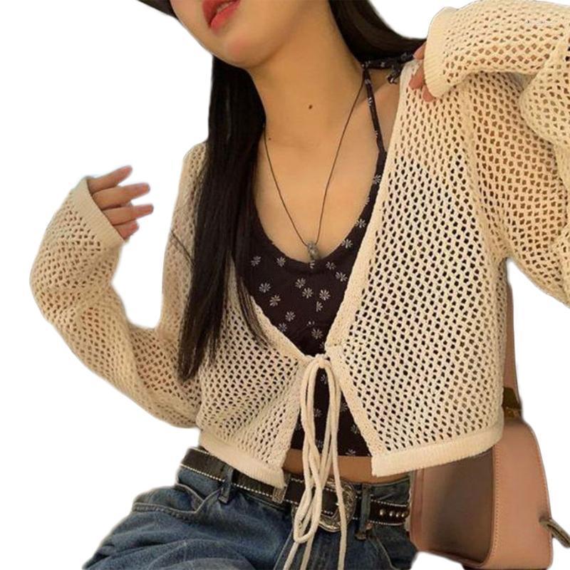 

Women's Knits & Tees Null Women Spring V-Neck Lace-Up Front Long Sleeve Cardigan Crop Top Hollow Out See Through Fishnet Mesh Shirts Solid C, Beige