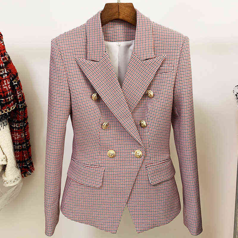 

Pink Plaid Women Blazer Suit Classic DoubleBreasted Gold Button Slim Houndstooth Office Business Luxury Blazer For Women 2021 J220813