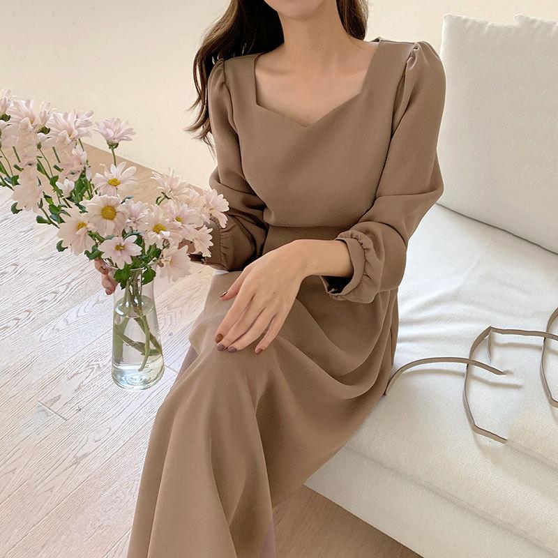 

Casual Dresses Chic Korean Summer Women' Dress Temperament Office Lady Elegant Party Women Solid Vintage Midi Square Collar RobeCasual, Camel