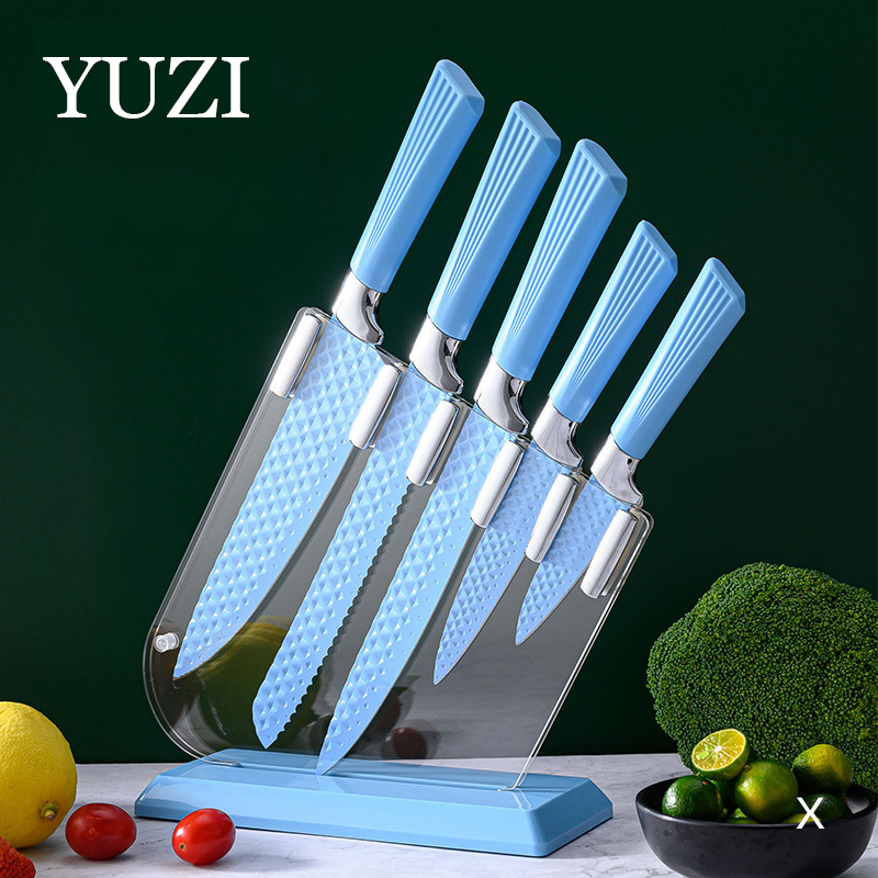 

YUZI Stainless Steel Knives Kitchen knives 6Pcs Set Chef knife Breading Slicing Tool Cleaver Utility Tools with Block