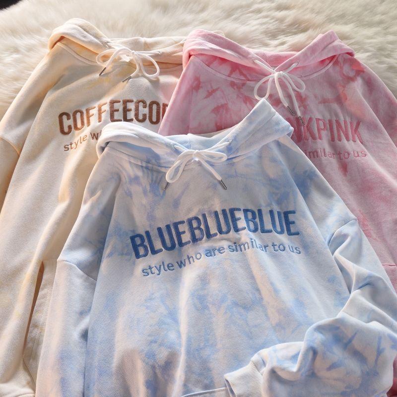 

Women's Hoodies & Sweatshirts Cute Wind Letter Embroidery Tie-dye Hooded Sweater Women American Retro Streetwear Winter Plus Velvet Loose Co, Blue