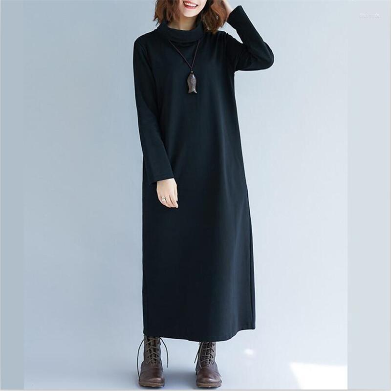 

Casual Dresses Plus Size Women Autumn Winter Dress -7XL Turtleneck Full Sleeves Long Maxi Vintage Cotton Female Vestidos, Black