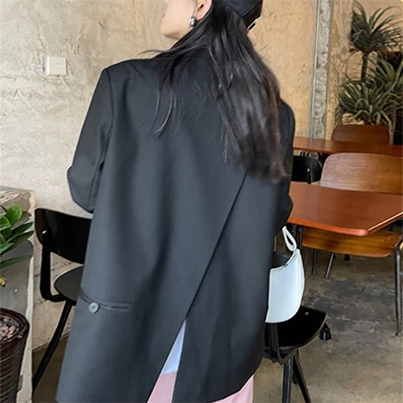 

[EAM] Women Black Back Slit Big Size Blazer Lapel Long Sleeve Loose Fit Jacket Fashion Spring Autumn 1DE1412 220402