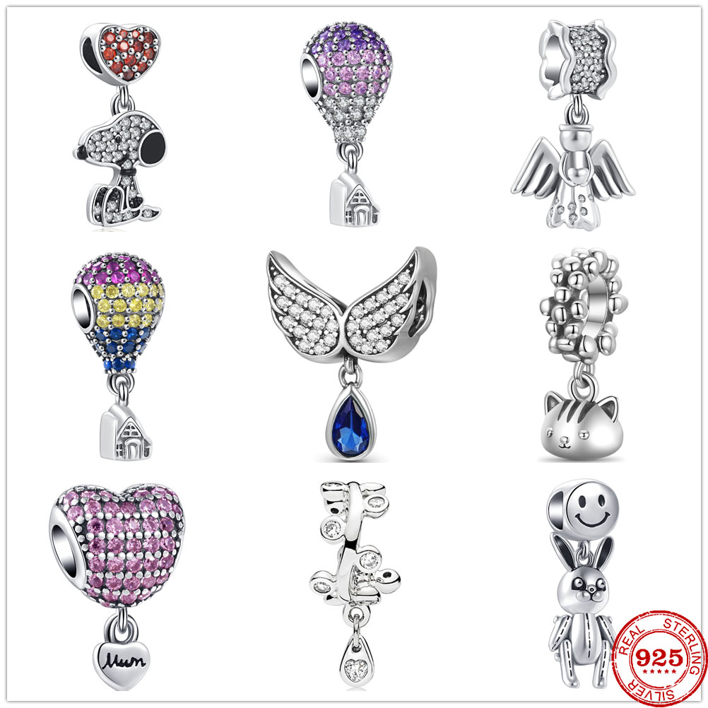 

925 Sterling Silver Dangle Charm Angel's Wing Smiley Balloon Beads Bead Fit Pandora Charms Bracelet DIY Jewelry Accessories