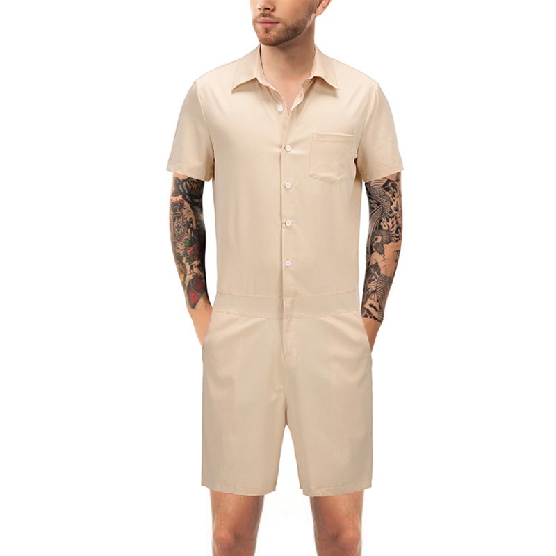 

Men's Solid Color Summer Short Sleeve Jumpsuit Shorts J3LK#, Gold