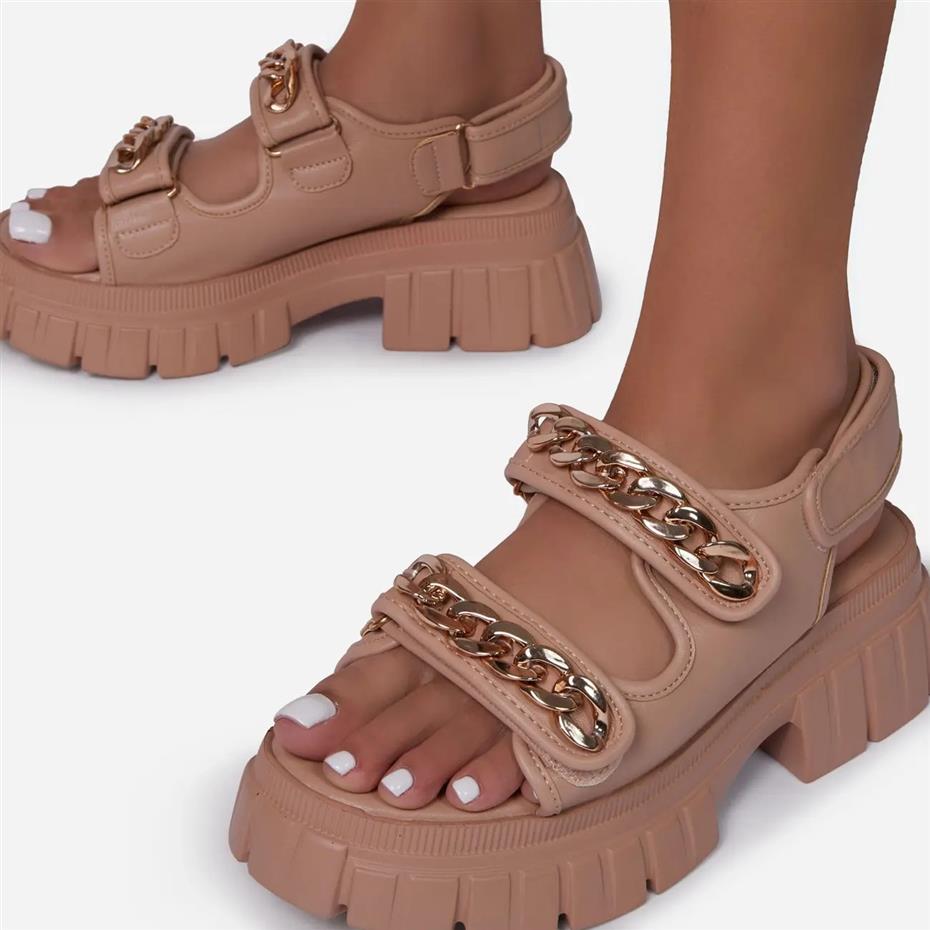 2021 Metal chain one-strap sandals women's summer chunky heels casual sandals solid color Cool all-match Velcro shoes2354