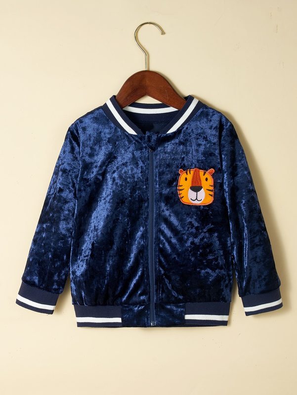 

Toddler Boys Tiger Embroidered Striped Trim Velvet Bomber Jacket SHE, Navy blue