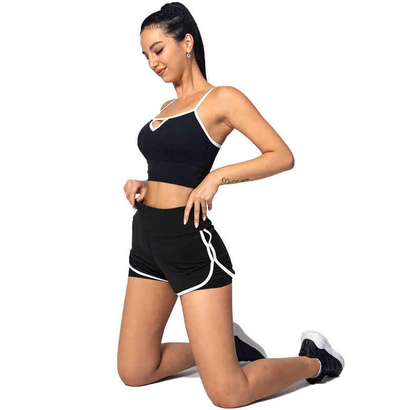 

Women GYM Suits Black Color Blocking Bra Shorts Running Yoga Riding GYM Vest and Loose Shorts T220725