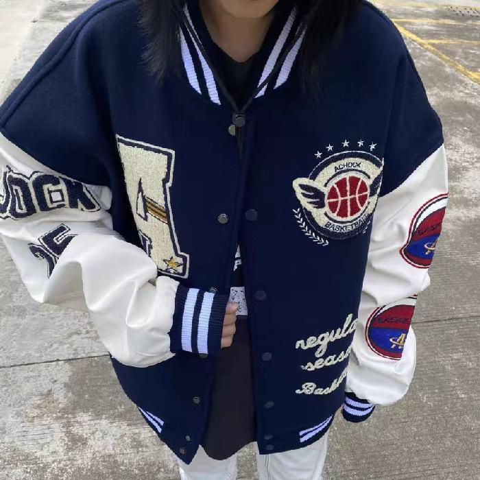

Women's Jackets Retro Baseball Jacket Embroidery Letters Matching Flocking Clothes Y2K Street Harajuku Hip-hop Uniform Women Lovers, Black