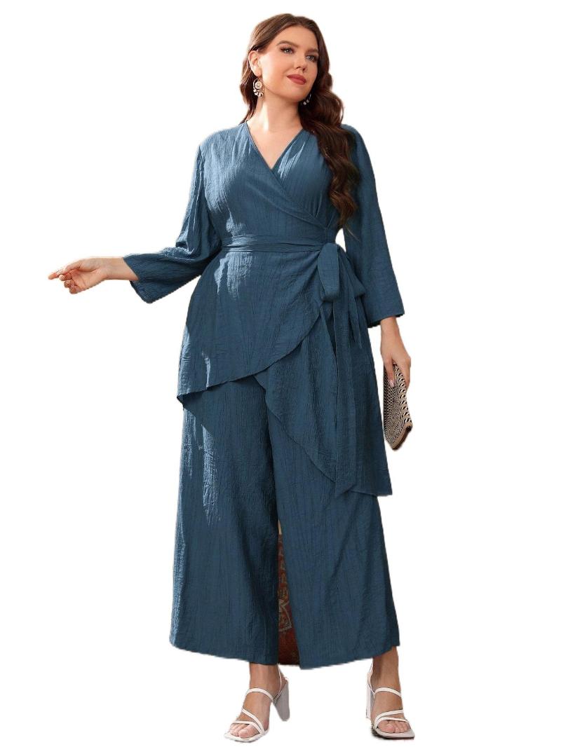 

Plus Size Dresses Wrap Knot Side Top & Wide Leg Pants 11HU#Plus, Dusty blue