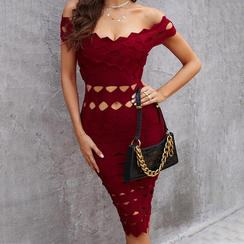 

Casual Dresses Off Shoulder Women's Bandage Dress 2022 Hollow Out Slash Neck Knee-Length Sheath Celebrity Evening Party Ladies VestidosC, Black