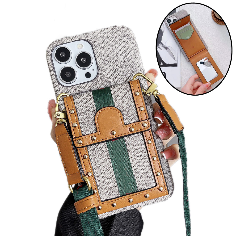 

Wallet Handbag Crossbody Phone Cases for iPhone 13 12 Mini 11 Pro Xs Max XR 8 7 Plus Cover Fashion G Card Slot Purse Rivet Women Vanity Mirror Mobile Shell with Lanyard, Gift box