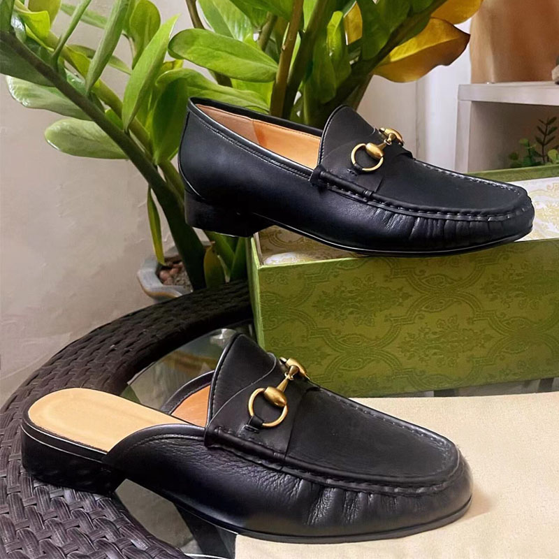 

classic women Flat designer Dress shoes 100% cowhide Metal buckle Lady leather casual shoe Mules Princetown black Men slipper Trample Lazy Loafers Large size 34-42-46, Extra shoebox