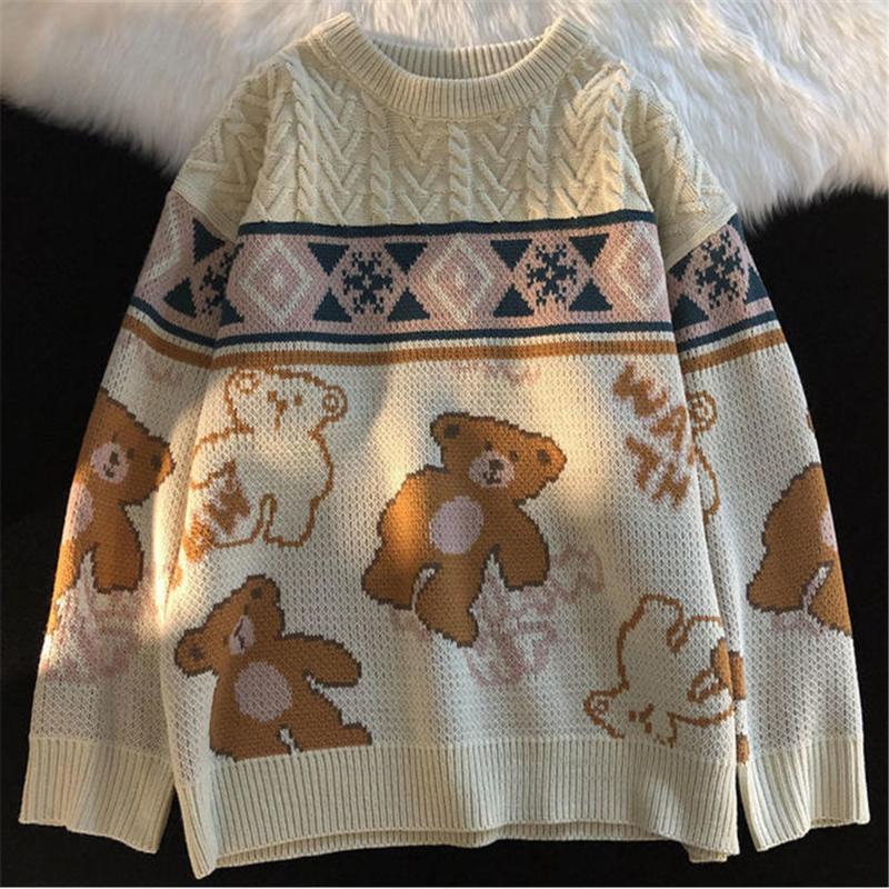 

Men' Sweaters Harajuku Sweater Cute Bear Top High Street Knit Autumn Pullover Loose Kawaii White Ladies Couple 2022 MenMen