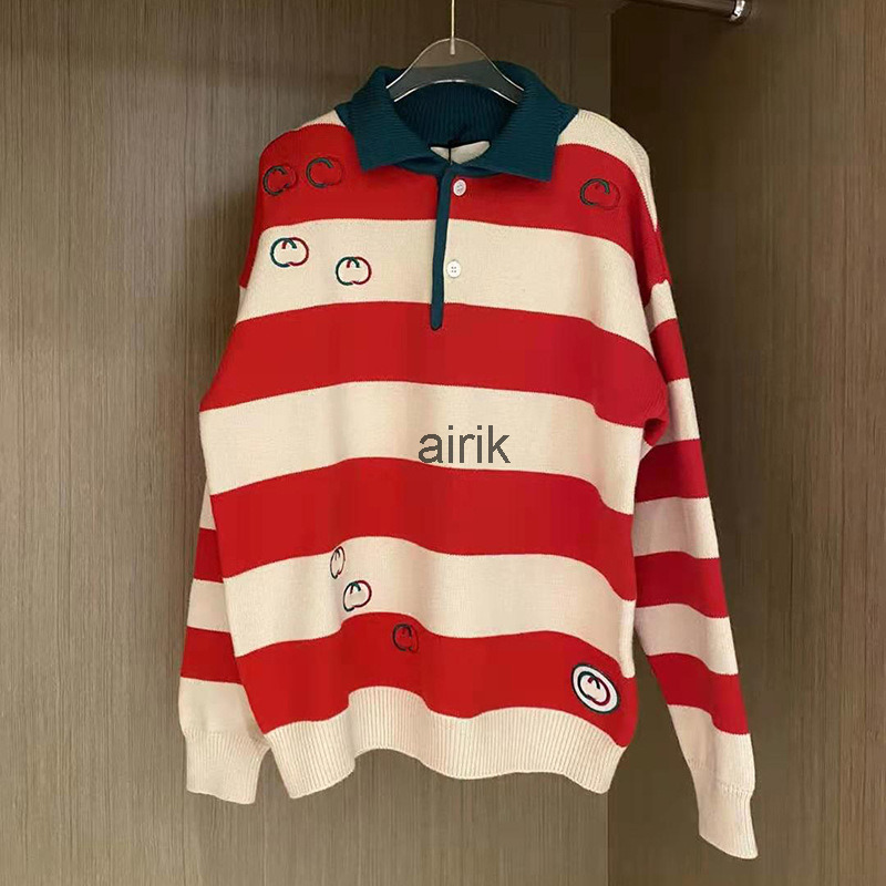 

Chao brand Gu color matching embroidery letter Polo neck sweater women' new year red wool sweater, Beige stripe