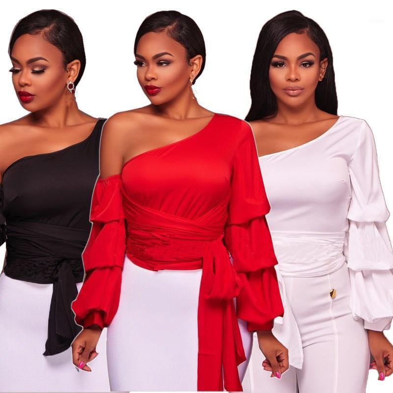 

Women' Blouses & Shirts Women Skew Neck Bandage Shirt Lantern Sleeve Slim Sexy Top Off Shoulder Casual Blouse, Black