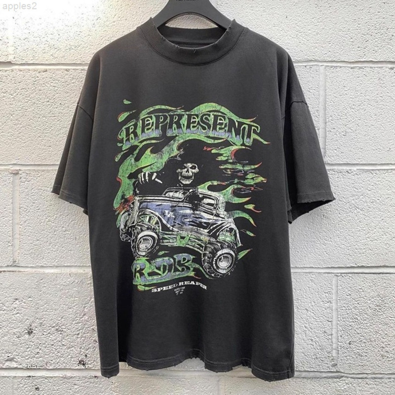 

REPRESENT 21SS New Soul Skeleton SUV Print Washed Vintage Cotton Streetwear Men' T-shirt Women' T-shirts Crop Top 3OPL, Black