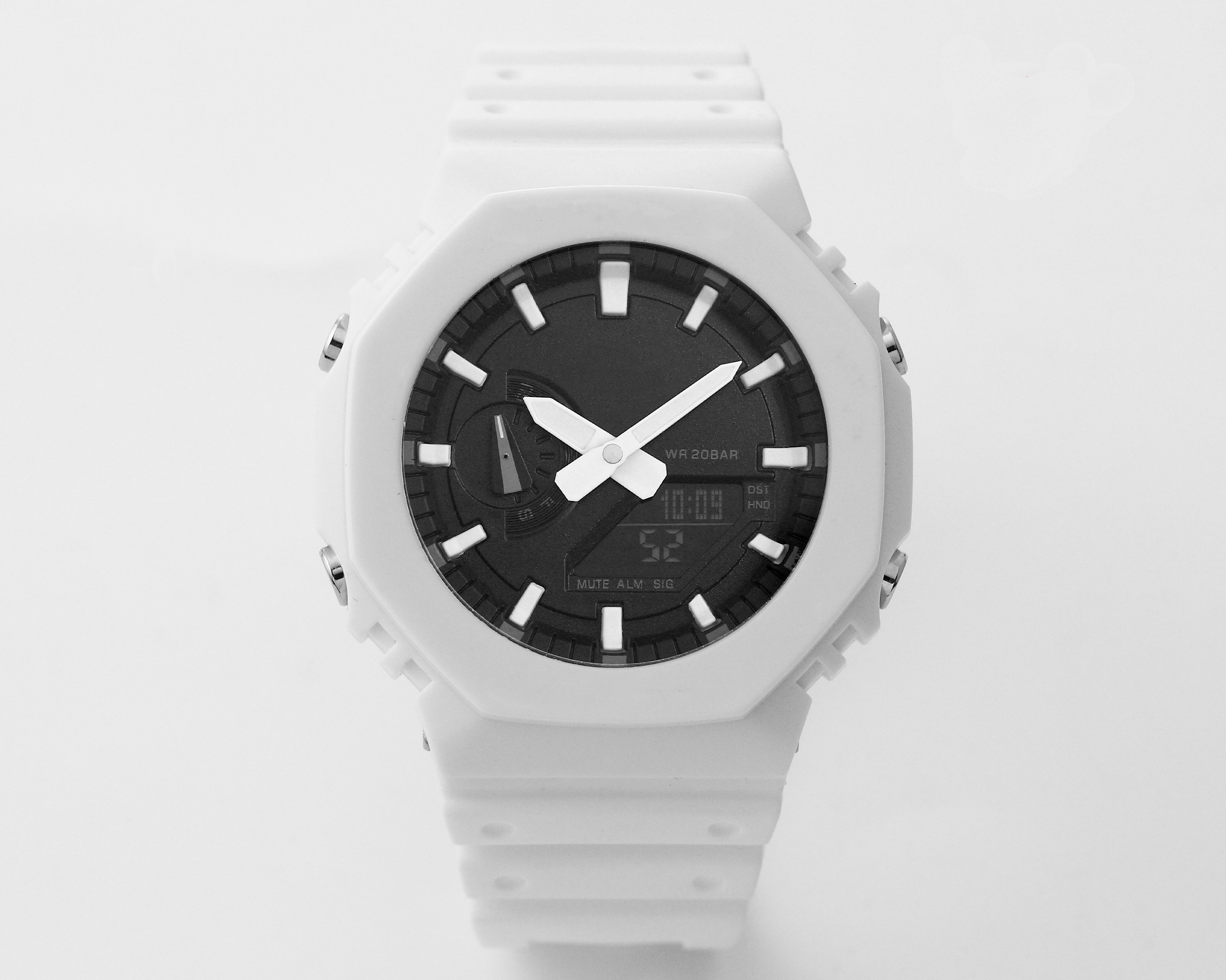 Men's Sports Quartz Digital Watch Waterproof World Time LED Display Automatic Hand Raise Light White 2100 Series Iced Out Watch