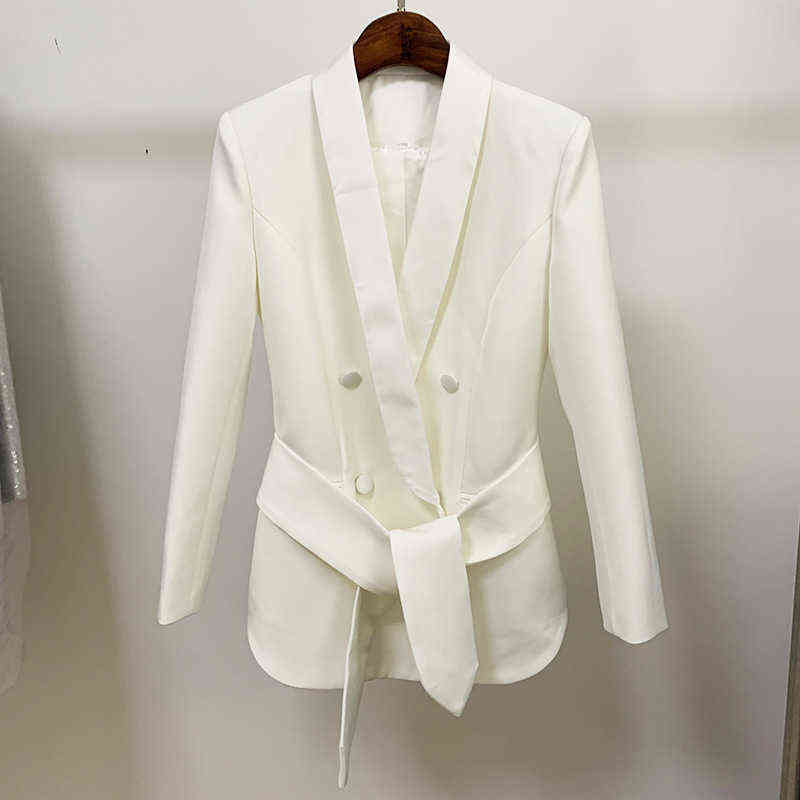 

White Cloth Button Women Blazer Autumn DoubleBreasted Office Work Fashion Satin Scarf Collar Belt Blazers Jackets Women 2020 J220813
