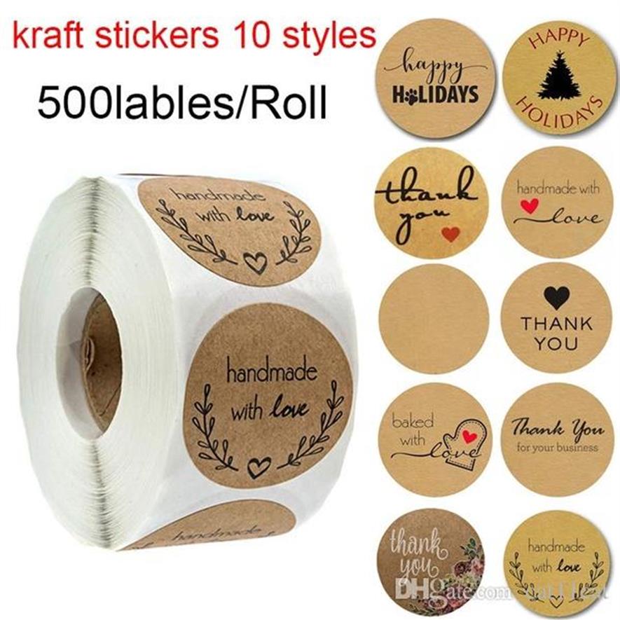 

1 Inch Round Brown Kraft Stickers 500 labels per roll Handmade WITH LOVE THANK YOU273l