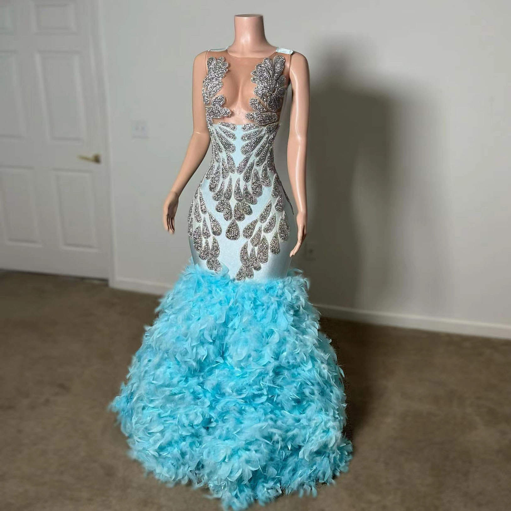 Luxe sirène robes De bal 2022 perles cristal plumes sans manches Sexy robes formelles Graduation robe De soirée Vestidos De Gala