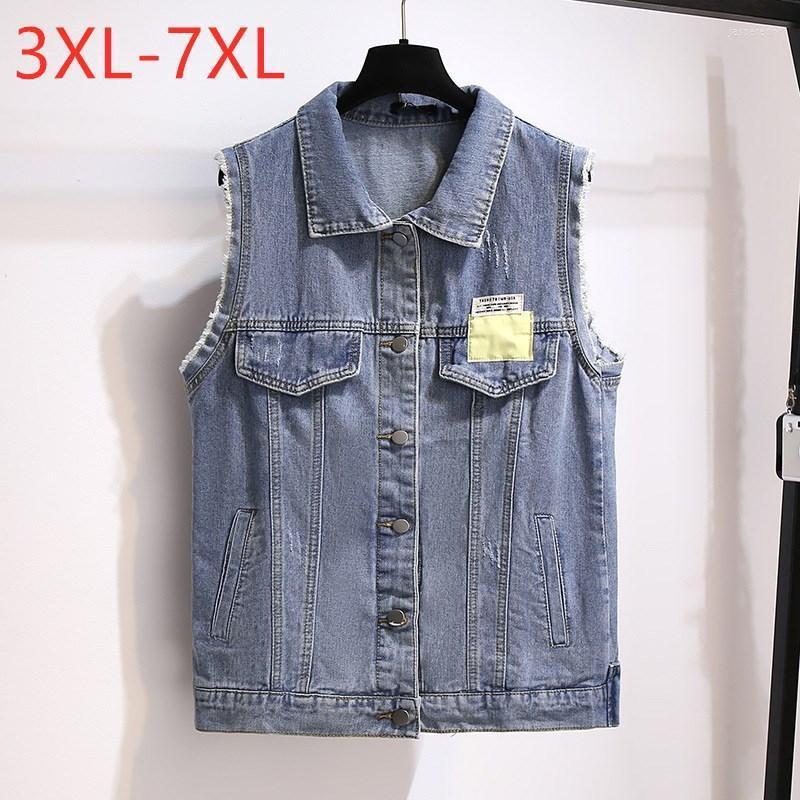 

Women's Plus Size Outerwear & Coats Spring Autumn Jeanswear For Women Large Sleeveless Blue Cotton Button Denim Vest Coat 7XLWomen's Jasp22