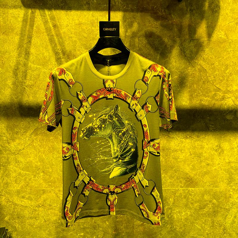 

Men's T-Shirts Men's Summer Luxury 3D Gold Chain Printed Baroque Brand T-Shirt Royal Horse Shiny Diamond Hip-Hop Classic Top Short Sleev, As shown asian size