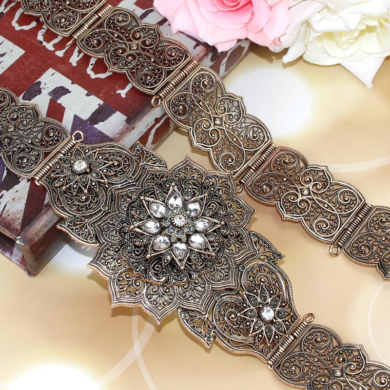 

Belts SUNSPICEMS Old Rose Gold Color Metal Caucasus Women Belt Victorian Carving Waist Chain Jewelry Morocco Caftan Adjust Length, Black