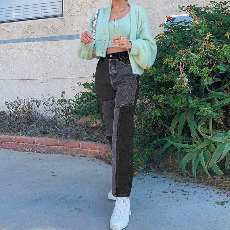 

Women's Jeans High Waist Denim Pants Rockmore Patchwork Retro Straight Boyfriend Trousers Female Streetwear #G3, Gy